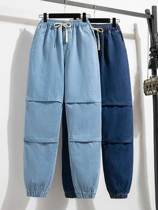 2025 Summer Women Plus Size Jeans Drawstring Elastic Waisted Harun Jeans Vintage Washed Cotton Oversized Trousers Y2k Pants