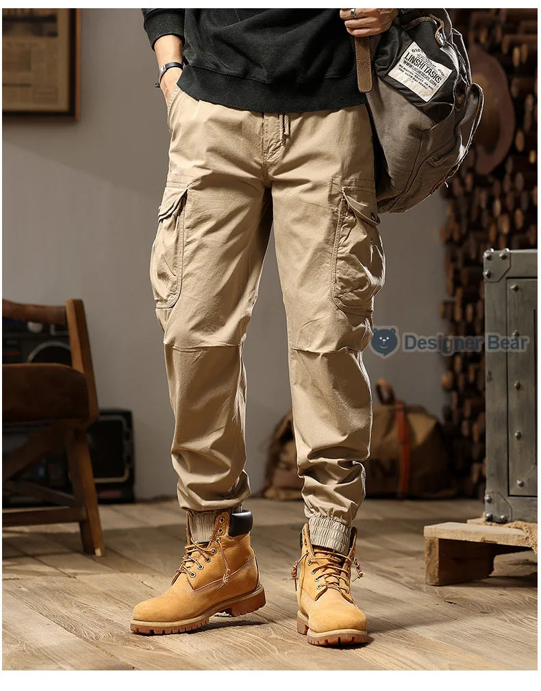 Brand Clothing 2026 Spring Summer Men's Baggy Cargo Pants Multi-Pocket Work Joggers Casual Cotton Tapered Trousers Long Pants