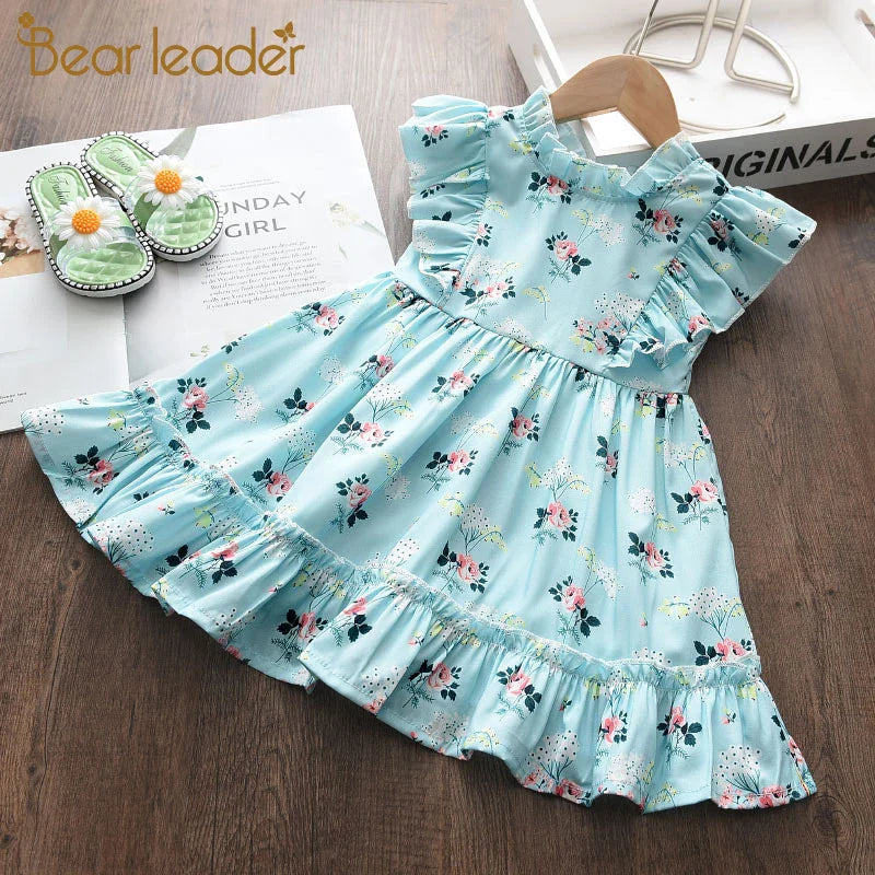 Girls Casual Dresses 2022 New Summer Kids Baby Flowers Print Costumes Floral Party Birthday Princess Vestidos 2-6Y