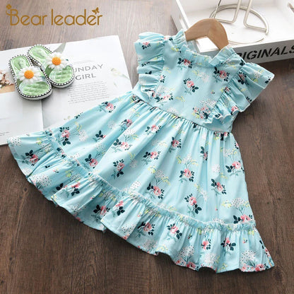 Girls Casual Dresses 2022 New Summer Kids Baby Flowers Print Costumes Floral Party Birthday Princess Vestidos 2-6Y