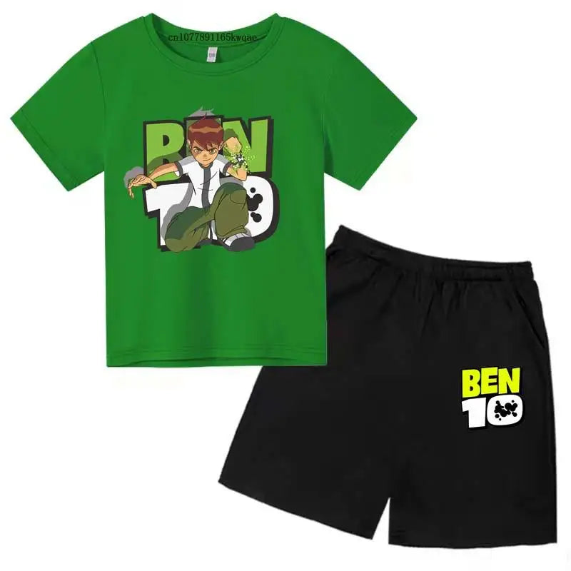 Kids Cartoon Ben Tennyson 10 Print Summer 2pcs Breathable Tees+Shorts Sports Suits 2-13Years Boys Girls Outfits Children Clothes
