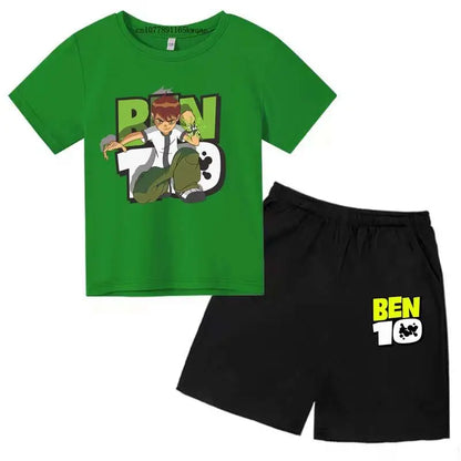 Kids Cartoon Ben Tennyson 10 Print Summer 2pcs Breathable Tees+Shorts Sports Suits 2-13Years Boys Girls Outfits Children Clothes
