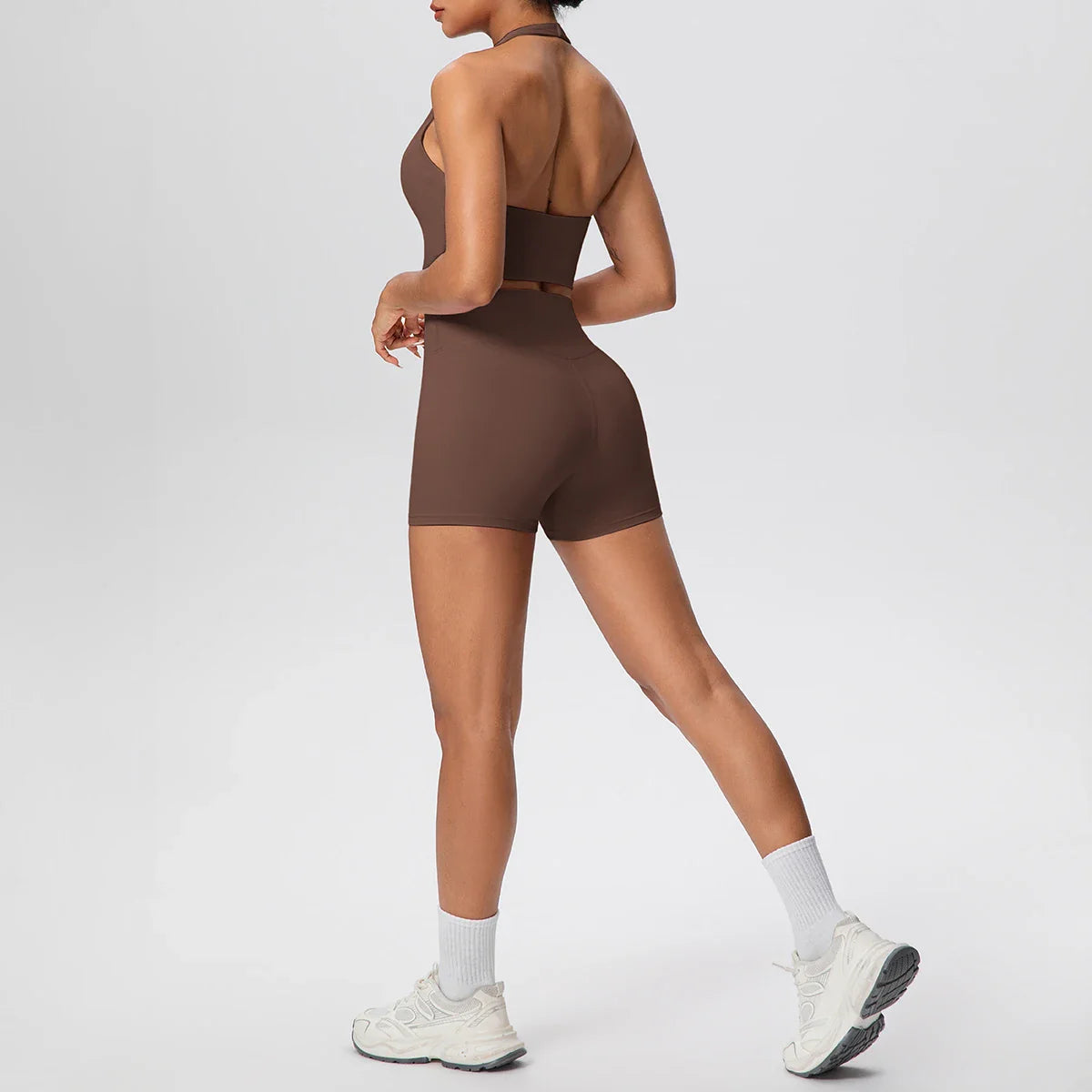 2picese Women Yoga Suit Solid Color High Waist Hip Push Up Fitness Shorts Sexy Pilates Backless Gym Hanging Neck Bra Yoga Set