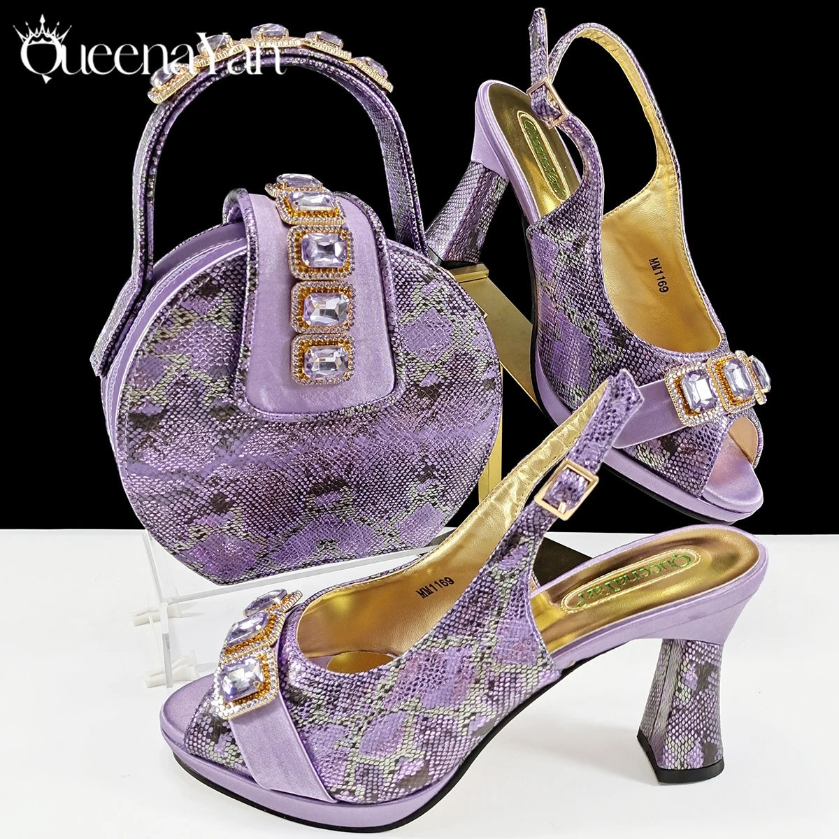 Luxurious Italian Women's Party Shoes&Bag Set Elegant Golden Rhinestone  Sandals with Peep Toe High Heels Wedding