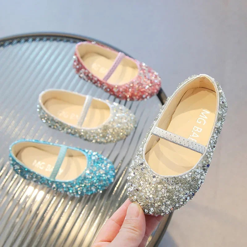 Children's 2025 new single shoe girls' fashion show sequined crystal shoes baby Baotou fashionable soft soled princess shoes