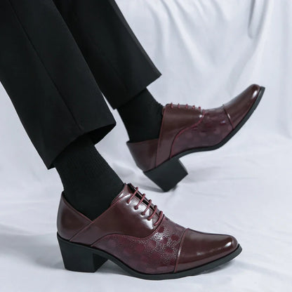 Elegant Mens Dress Shoes Retro Brown Pointed Toe Leather Shoes For Man British Style 6cm High Heeled Shoes Men zapatos de hombre