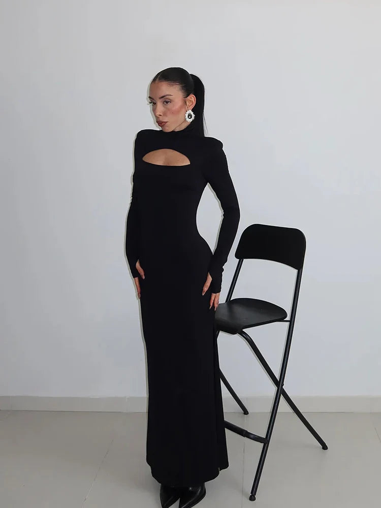 Sheath Women's Maxi Dresses Solid Turtleneck Regular Long Sleeves Hollow Out Slim Fit Bodycon Party Vestidos Robes