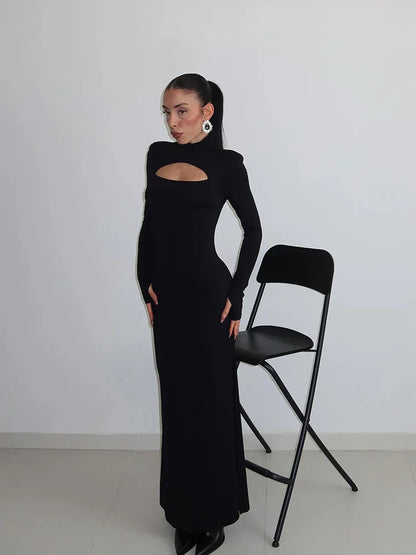 Sheath Women's Maxi Dresses Solid Turtleneck Regular Long Sleeves Hollow Out Slim Fit Bodycon Party Vestidos Robes