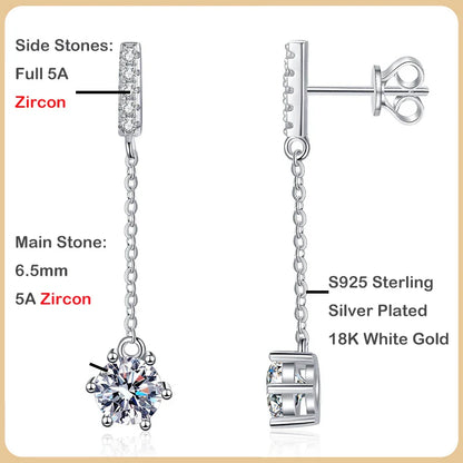 Luxury 100% Real D Color 1CT Moissanite Drop Earring for Women Girls S925 Silver Diamond Long Tassel Dangle Earrings Gift