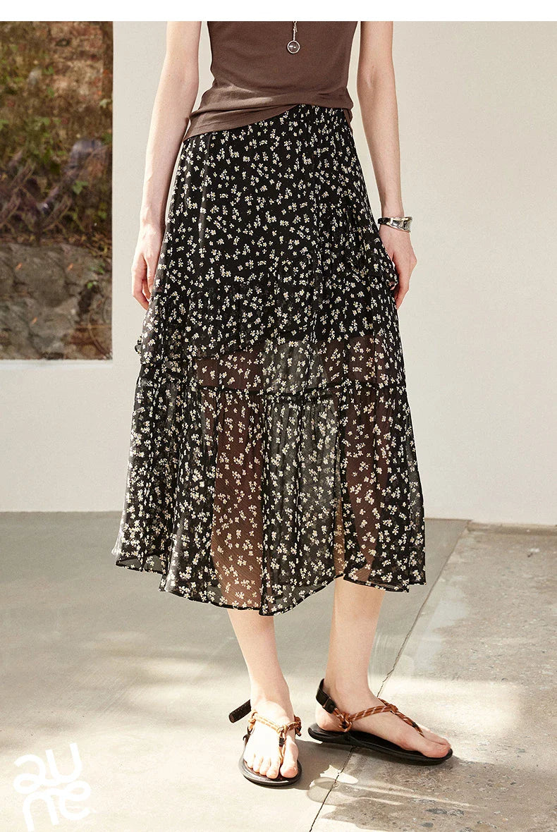 Women Chiffon Skirt 2026 Spring New Country Style Light and Flowing Floral Print Layered Ruffled Skirt