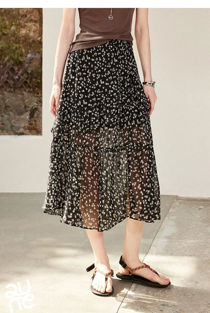 Women Chiffon Skirt 2026 Spring New Country Style Light and Flowing Floral Print Layered Ruffled Skirt