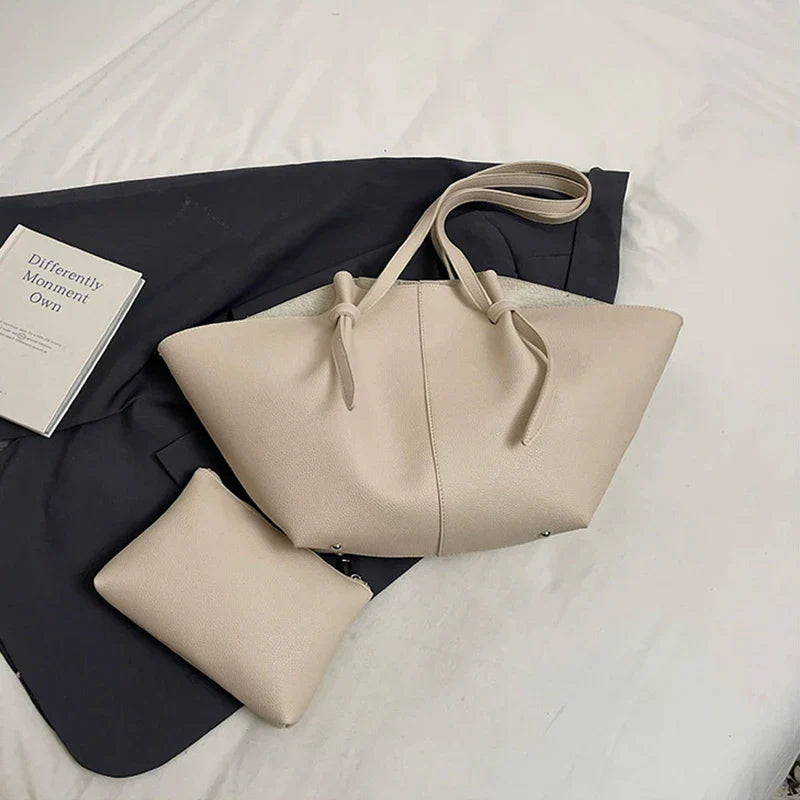 Luxury Designer Women's Soft PU Leather 2-in-1 Shoulder Tote Bag Set Big Capacity Branded Shopper Handbags Gray Blue PinkTan