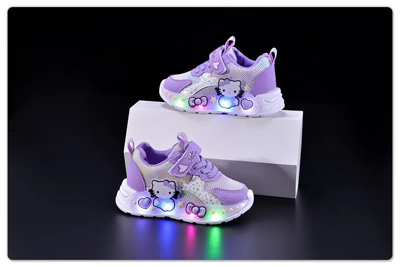 Kids'Casual Shoes Girls Led Light Cartoon PU Leather Fashion Sport Flat Bottom Shoes Breathable White Pink Size 21-30