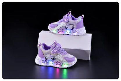 Kids'Casual Shoes Girls Led Light Cartoon PU Leather Fashion Sport Flat Bottom Shoes Breathable White Pink Size 21-30