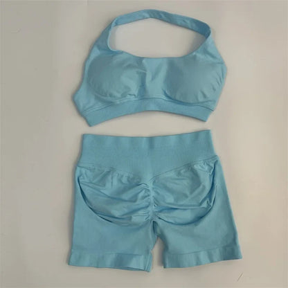Yoga Shorts Set Seamless Yoga Set Workout Scrunch Shorts Sets Halter Sports Bra Scrunch Shorts Fitness Clothes Gym Suit