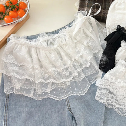 Korean Sweet Embroidered Ruffled Lace Trim Fart Curtain A Line Skirt Women High Waist Layering Cake Skirts Y2K Girls Streetwear