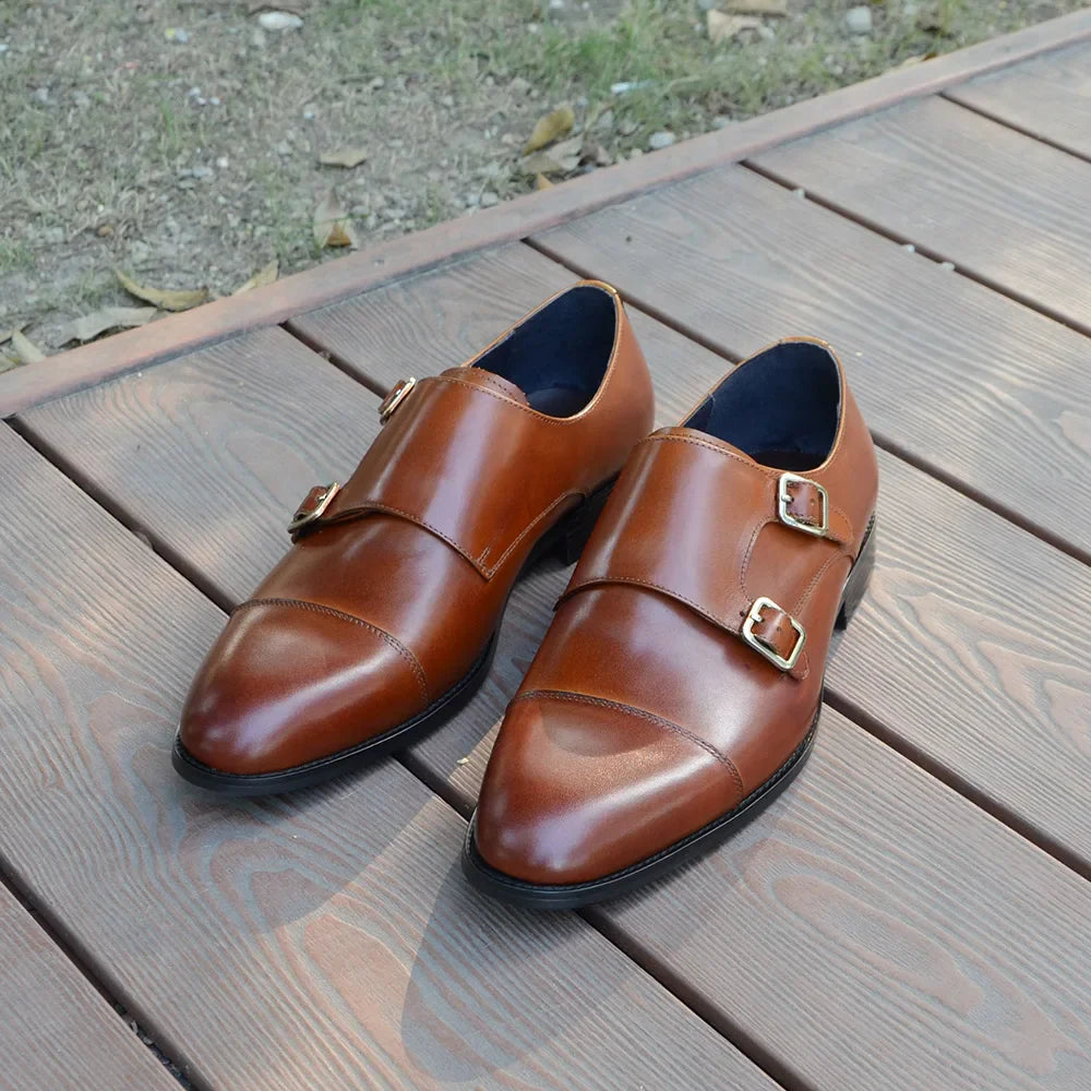 Luxury Men's Wedding Formal Shoes Genuine Leather Pure Brown Black Double Buckle Monk Strap Cap Toe Business Office Dress Shoes