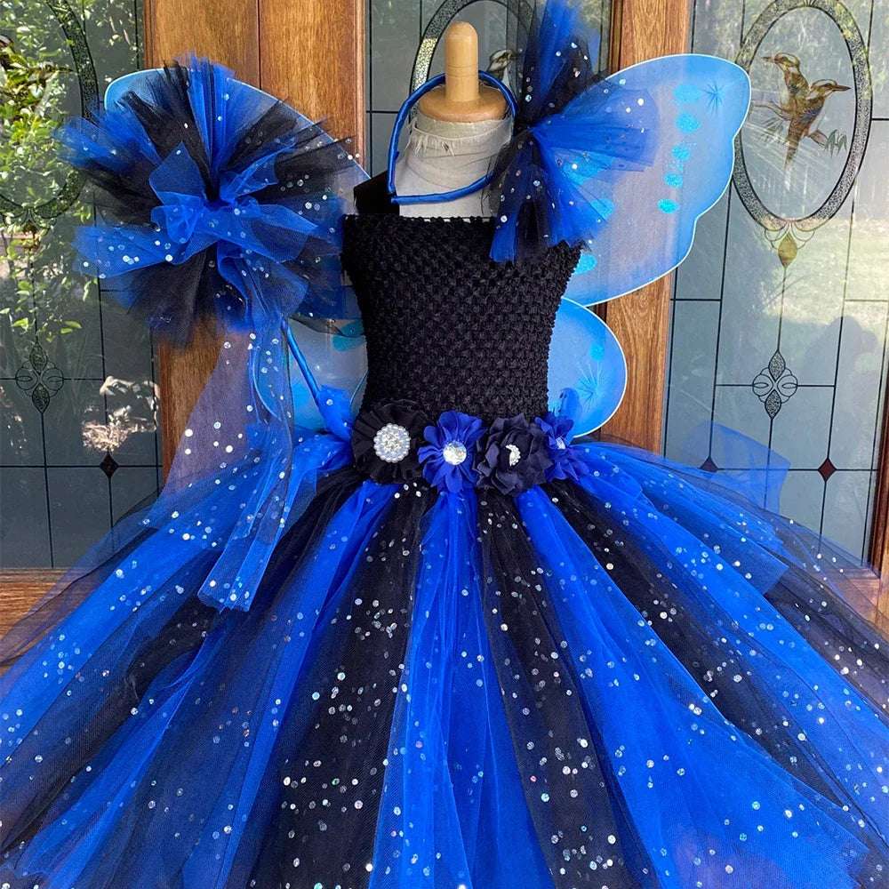 Baby Girls Blue Black Glitter Tutu Dress Kids Flower Fairy Dresses with Butterfly Wing Stick Hairbow Set Children Party Costumes