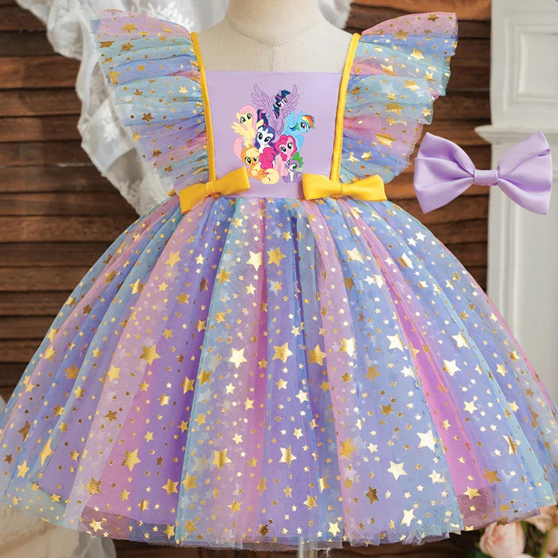 Vestido de Princesa My Little Pony para Meninas Lantejoulas Estrela Babados Laço Tutu Roupa Formal de Bebê Baile Gala Fantasia Infantil para Festas