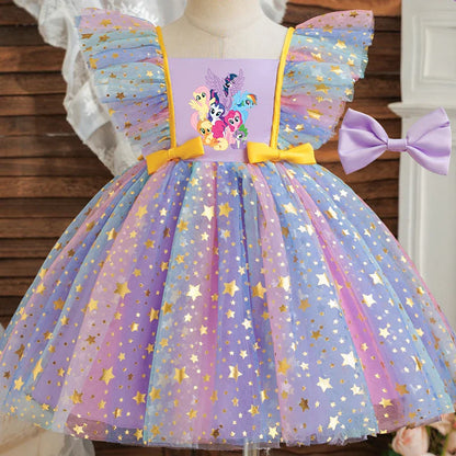 Vestido de Princesa My Little Pony para Meninas Lantejoulas Estrela Babados Laço Tutu Roupa Formal de Bebê Baile Gala Fantasia Infantil para Festas