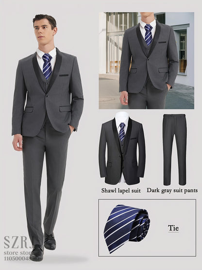 4pcs Men's Tuxedo Set:Classic Lapel Blazer,Vest,Pants&Tie High-Quality,Adjustable Waist.For Parties,Weddings, Proms. Comfy Fit.