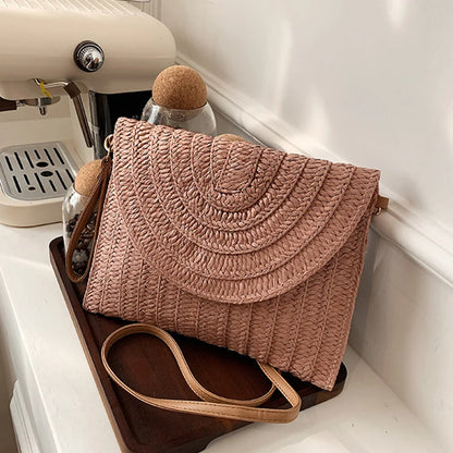 Straw Woven Shoulder Crossbody Bag Beach Clutch Handbag Casual Summer Handmade Envelope Bags for Women Totes Purse