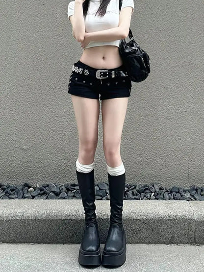 Hotsweet High Waist 2000S Black Sheath Slim Fit Y2K Denim Shorts Women's Fashion Casual Sexy Street Harajuku Style Shorts