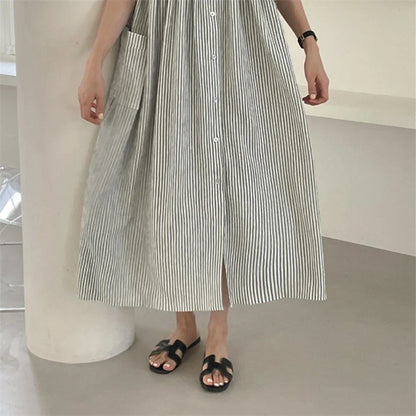 Summer Vintage Striped Single Breasted Women's Shirt Dresses 2024 New Korean Casual Straight Dress Pockets Female