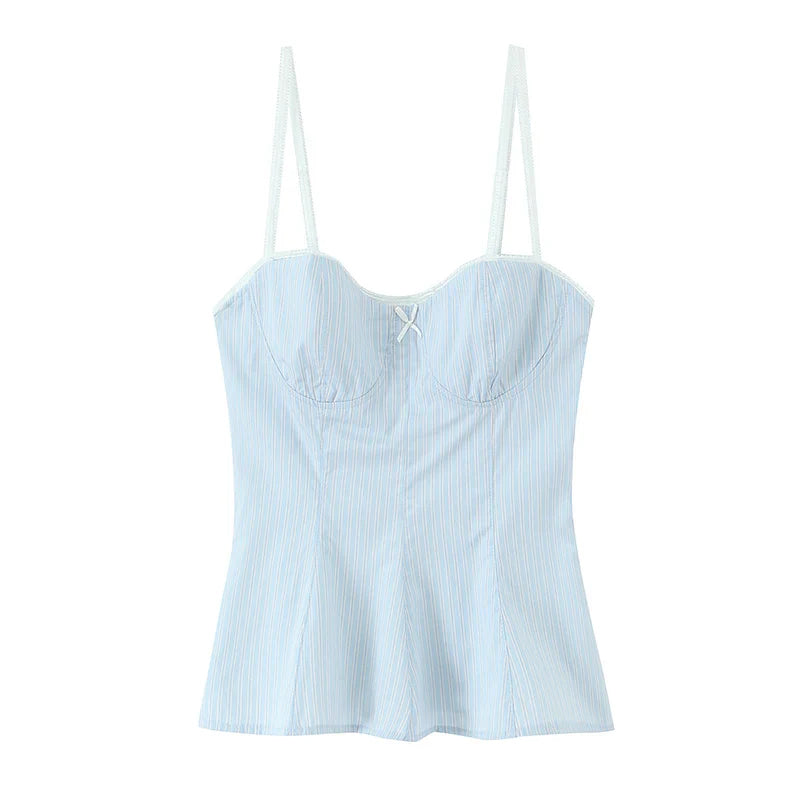 Women Fashion With Bow Striped Backless Side Zipper Tops Vintage Thin Straps V-Neck Female Chic Lady Camis