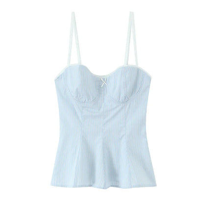 Women Fashion With Bow Striped Backless Side Zipper Tops Vintage Thin Straps V-Neck Female Chic Lady Camis