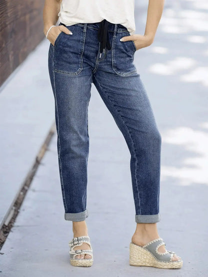 Women's Slim Fit Tie-Waist Washed Denim Jeans