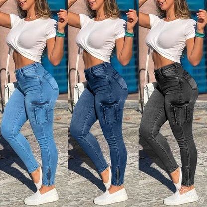 Women Jeans Sheath Pencil Pants Pockets Cargo Denim Pants