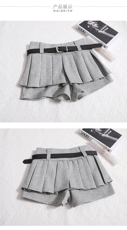 Kimotimo Womens Shorts Autumn Winter Belt High Waist Fluffy Pleated A-line Short Pants Korean Fashion Sexy Y2k All Match Clothes