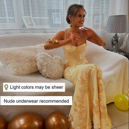 Women Maxi Backless Dress Sexy 3D Floral Embroidery Mermaid Gown Yellow Formal gala Prom Party Dress Long
