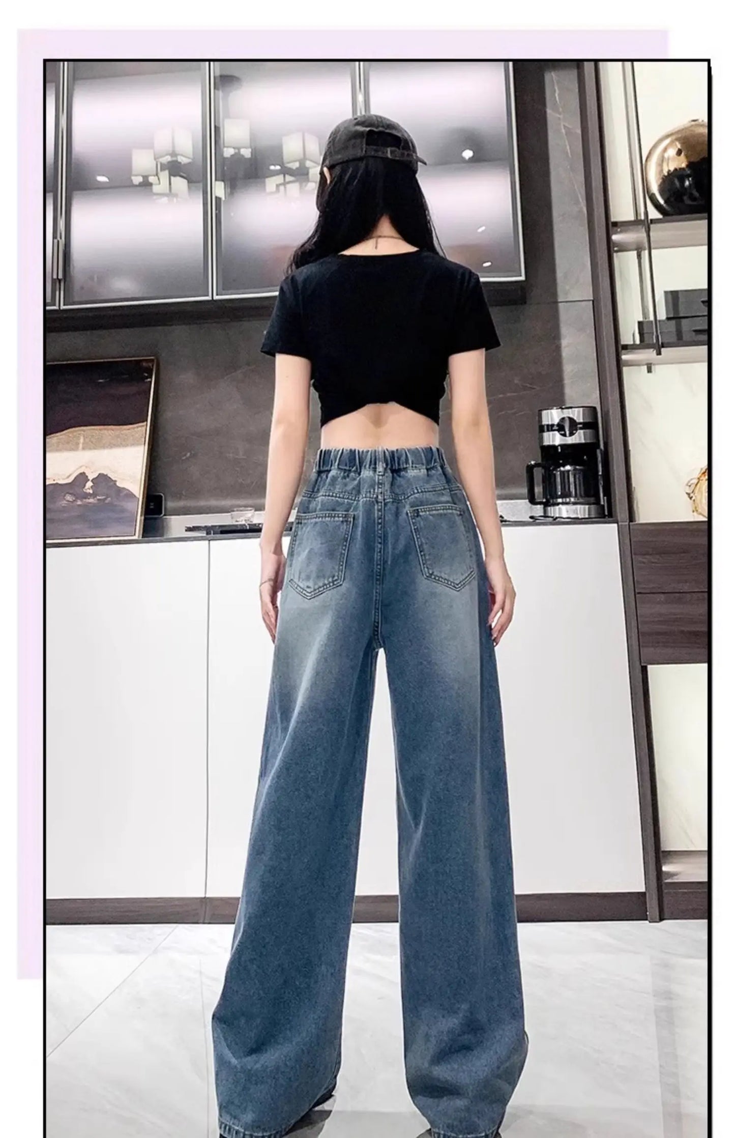 Calça Jeans Feminina Plus Size Folgada Cintura Alta Perna Larga Azul Claro Elástico na Cintura Cordão Calças Outono Moda Plus Size