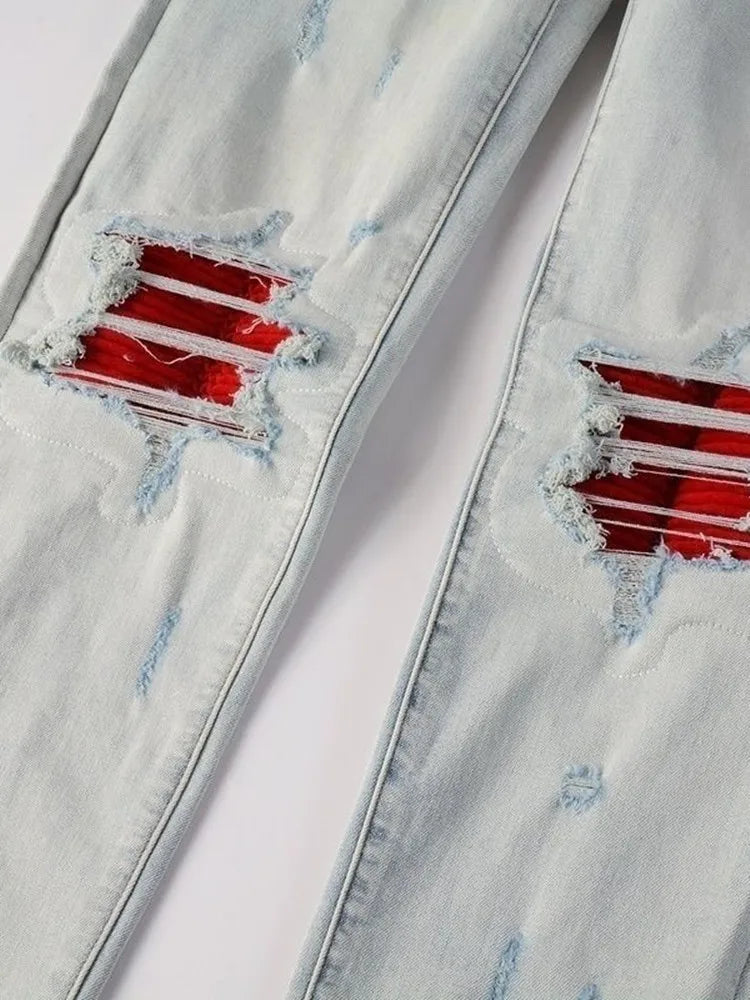 Calça Jeans Masculina de Cintura Reta Rasgada, Cor Sólida, Elástica, Respirável, Confortável e de Alta Qualidade, Nova Tendência Primavera Outono