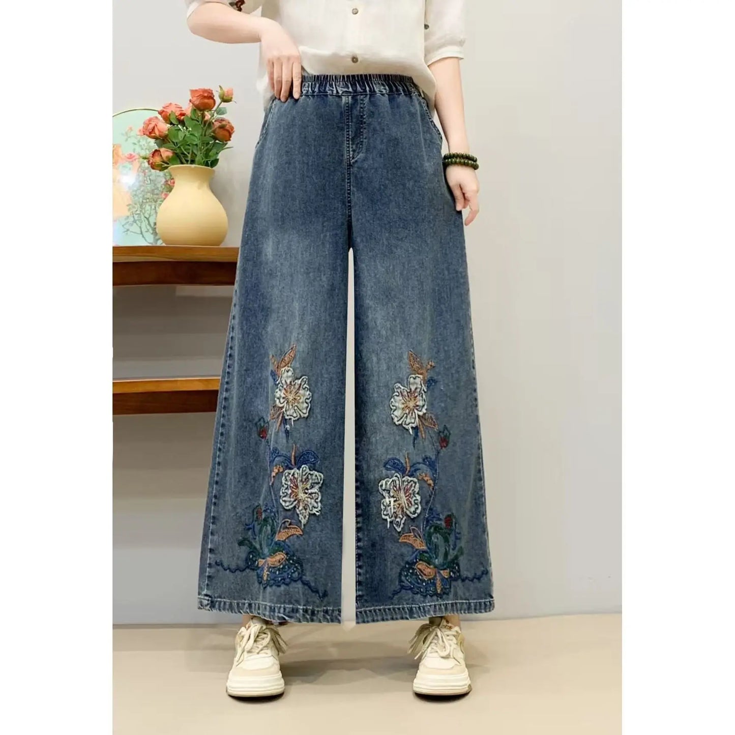Retro Embroidered Denim Ethnic Jeans