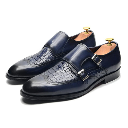 Classic Men's Genuine Leather Dress Shoes Double Buckle Monk Strap Wingtip Crocodile Print Business Office Formal Footwear Man