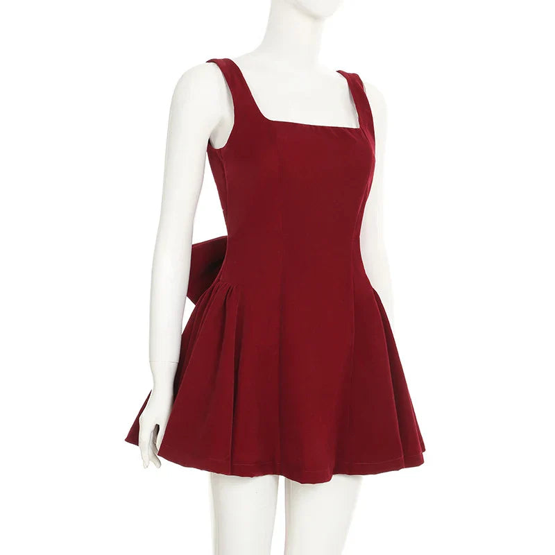Fashion Red Bowknot Mini Dress Straps Square Collar Sleeveless Backless Vintage Cute Ladies Slim Party Short A-line Dresses