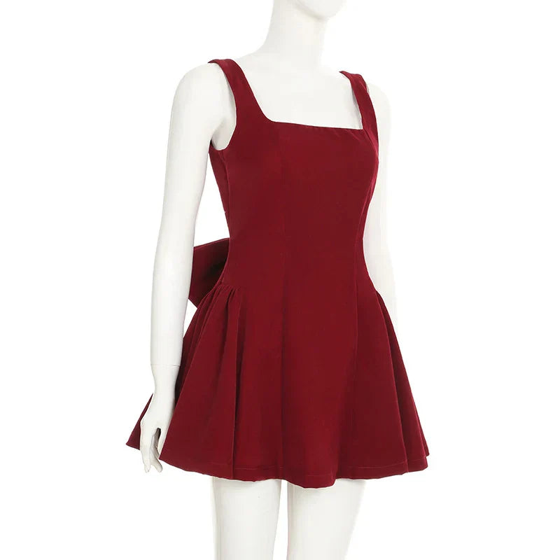 Fashion Red Bowknot Mini Dress Straps Square Collar Sleeveless Backless Vintage Cute Ladies Slim Party Short A-line Dresses