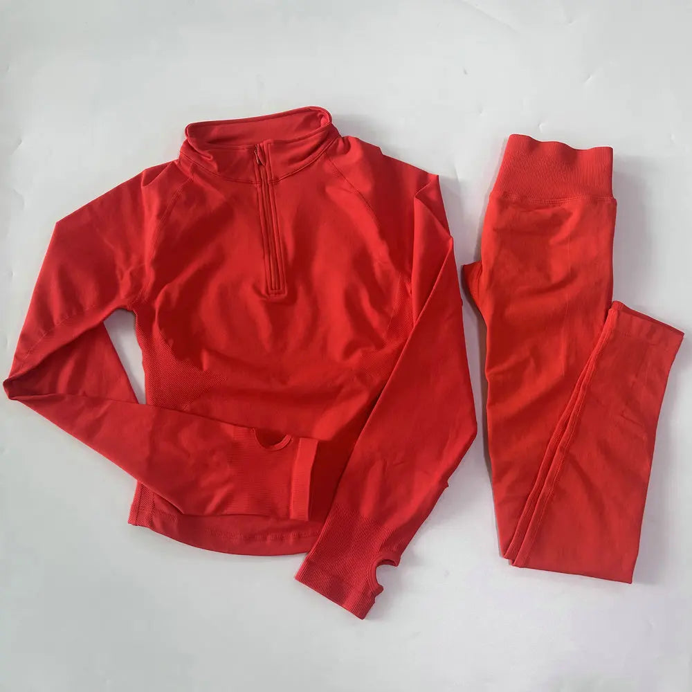 Women 2pcs Yoga Sets Long Sleeve Jacket Sport Top With Half Zip High Waisted Leggings Fitness Suits Seamless Running Workout Set