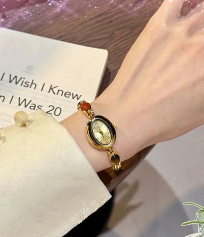 Luxury Vintage Quartz Women's Watches Fashion Natural Green Jade Bracelet Clock Numerals Small Oval Dial Watch Woman Accesories