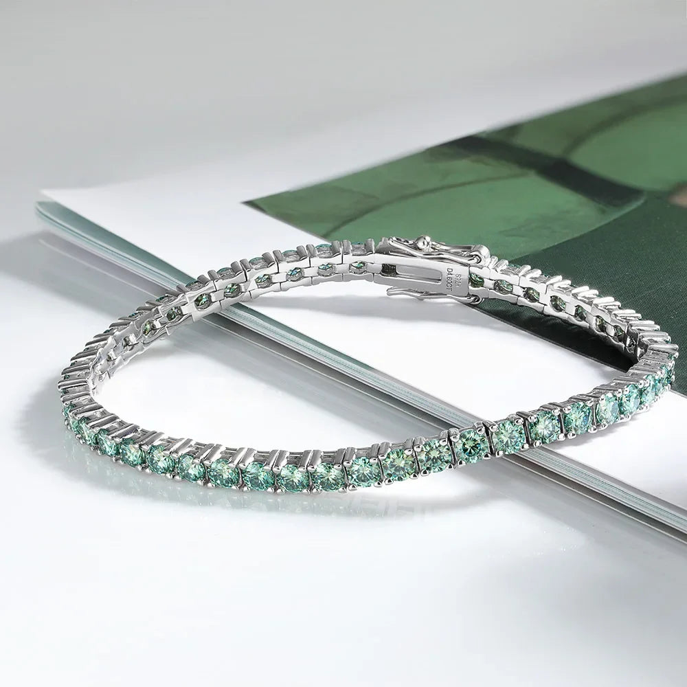 3mm Green Moissanite Tennis Bracelet for Women Man Anniversary Gift S925 Sterling Silver Bracelet Plated 18k Hand Chain