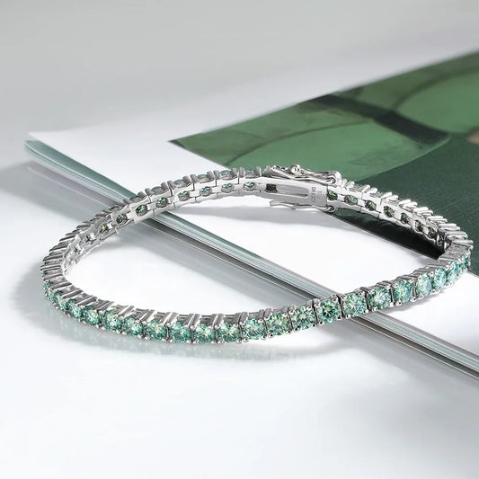 3mm Green Moissanite Tennis Bracelet for Women Man Anniversary Gift S925 Sterling Silver Bracelet Plated 18k Hand Chain