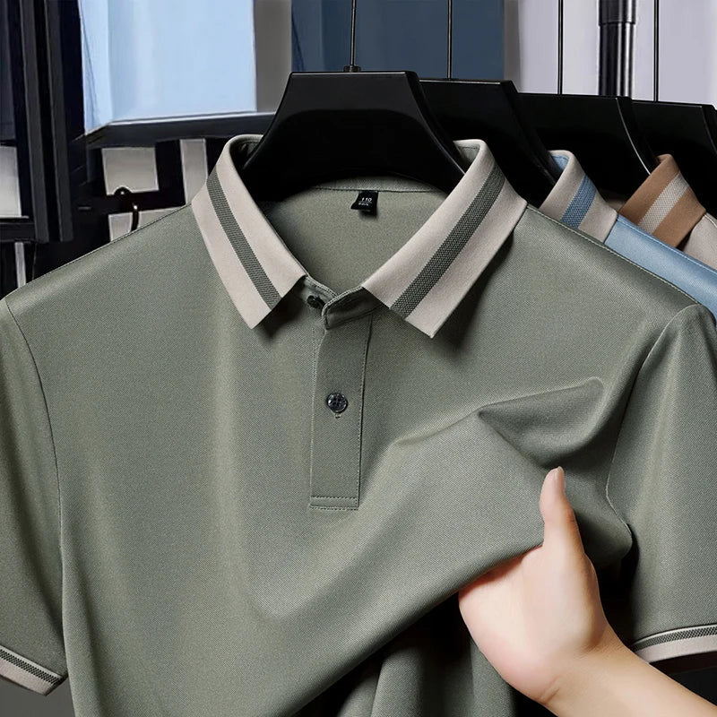 High quality men's short sleeve polo shirt new breathable and fashionable color blocked collar T-shirt summer ice silk cool top