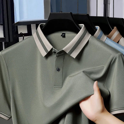 High quality men's short sleeve polo shirt new breathable and fashionable color blocked collar T-shirt summer ice silk cool top
