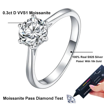 0.3ct 4mm Moissanite Diamond Ring for Women S925 Sterling Silver with Gold Plated Eternity Band Wedding Party Jewelry