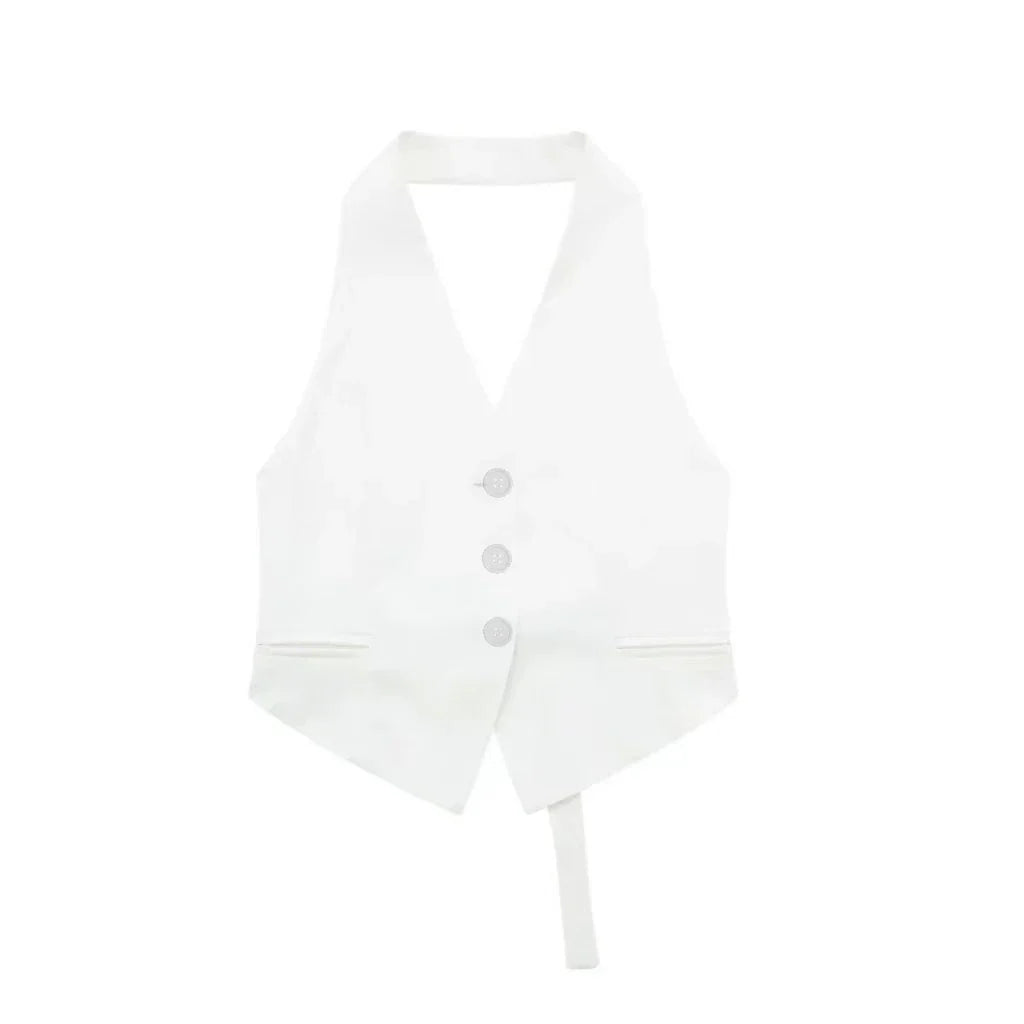 2025 Women New Style Blouse Summer Hot Sell Women's Vest Fashion Sexy Hanging Neck Polyester Fiber Vest Buckle Ribbon Style