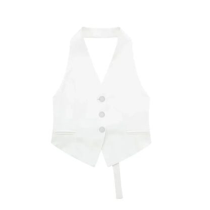 2025 Women New Style Blouse Summer Hot Sell Women's Vest Fashion Sexy Hanging Neck Polyester Fiber Vest Buckle Ribbon Style