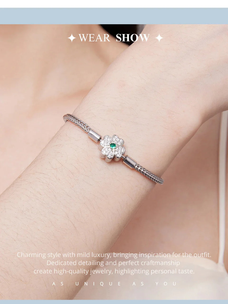 925 Sterling Silver Four-Leaf Clover Snake Basic Bracelet Pave Setting CZ for Women Beads and Charms DIY Fine Jewelry